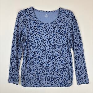 T by Talbots Medium Blue Leopard Print Ruched Sides Long Sleeve T-Shirt Top